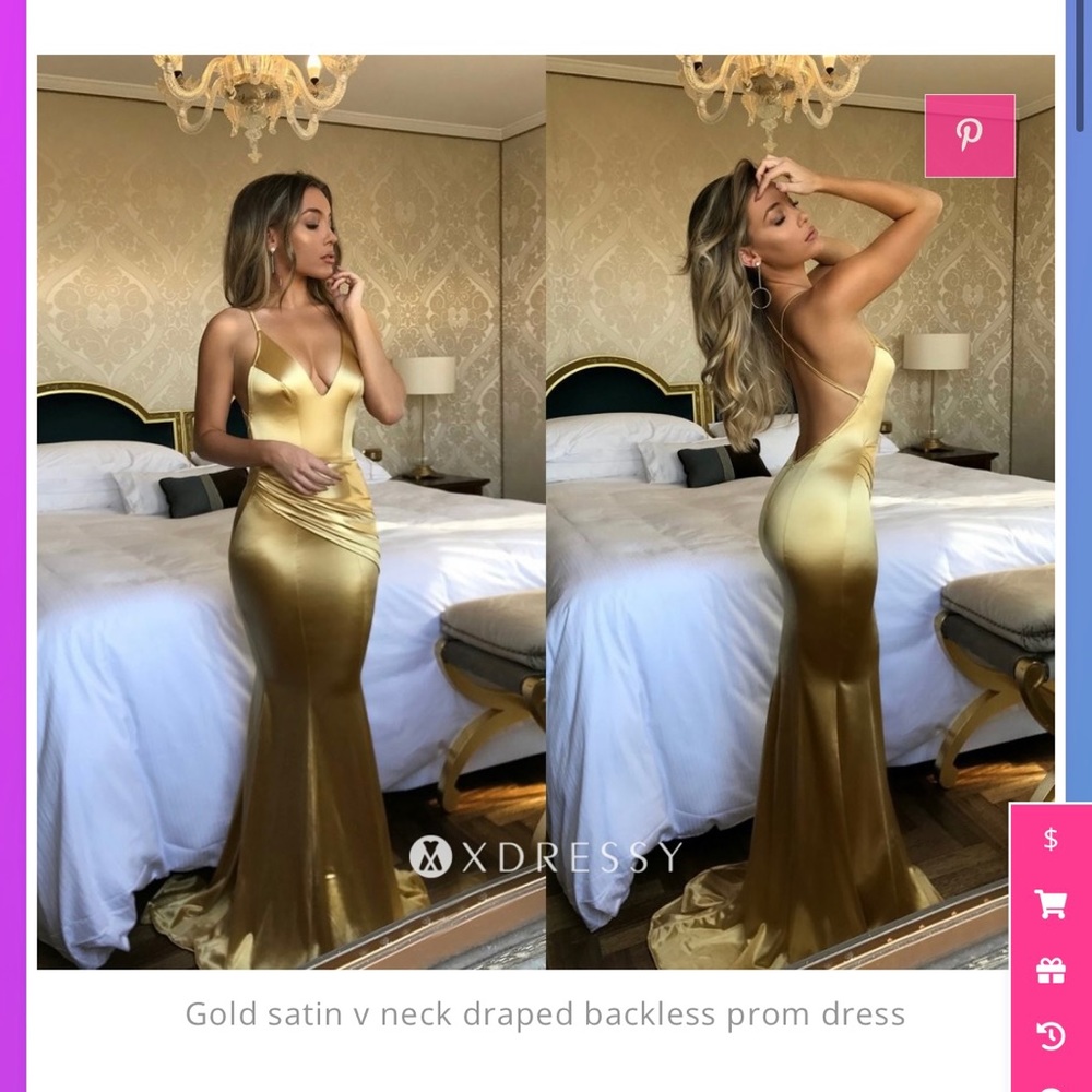 Champagne satin draped backless gown